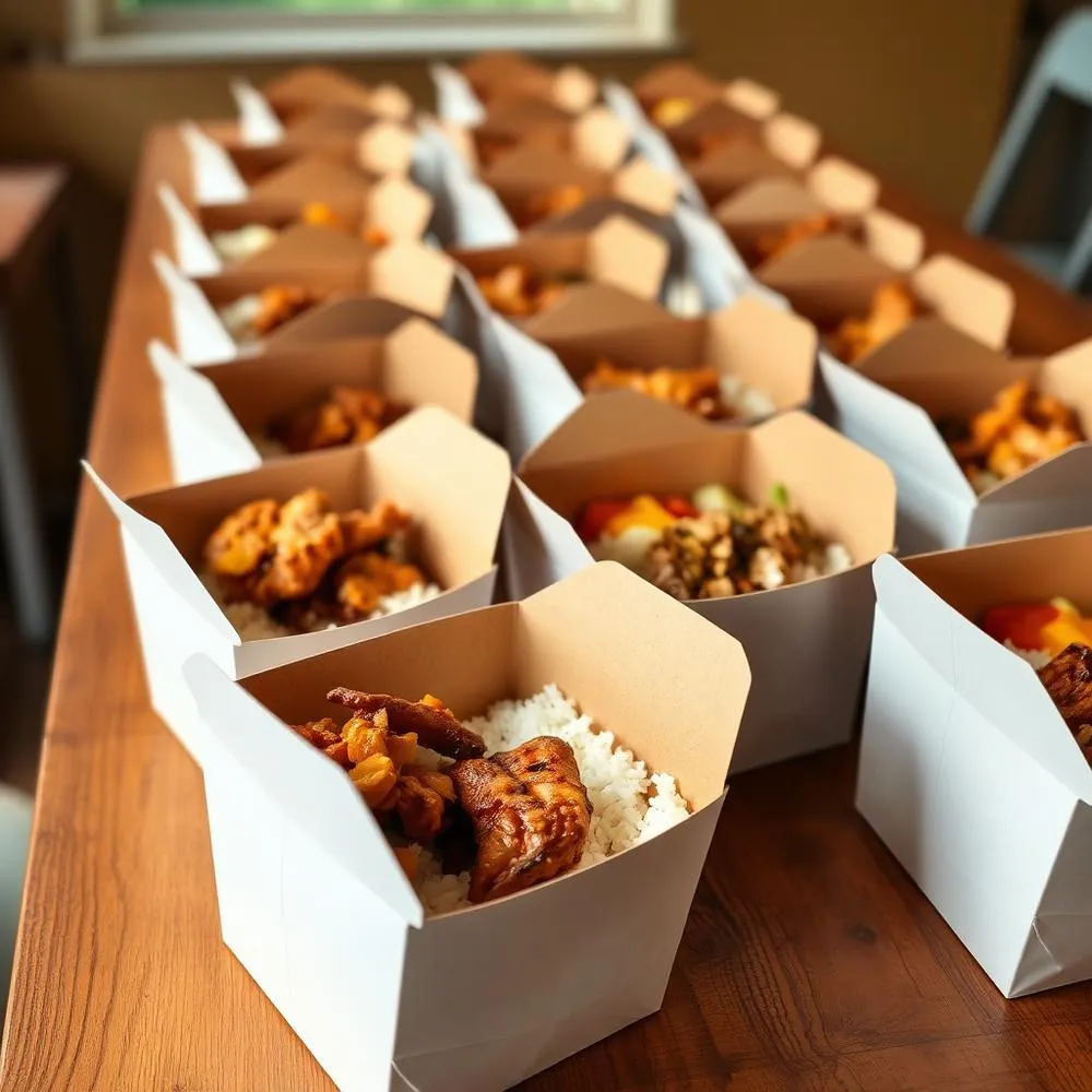Nasi box berisi nasi, ayam, dan sayur untuk acara kantor