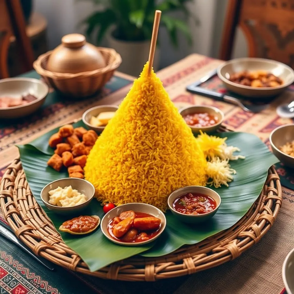Tumpeng nasi lengkap dengan lauk pauk khas Sunda